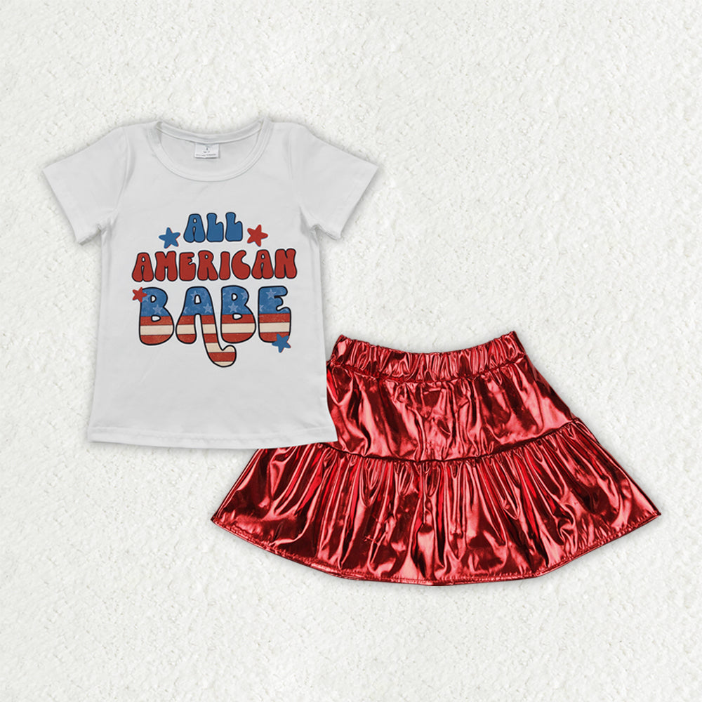 Sibling Baby Girls American Babe Smiles Shirts Top Red Leather Skirts 4th Of July Sets