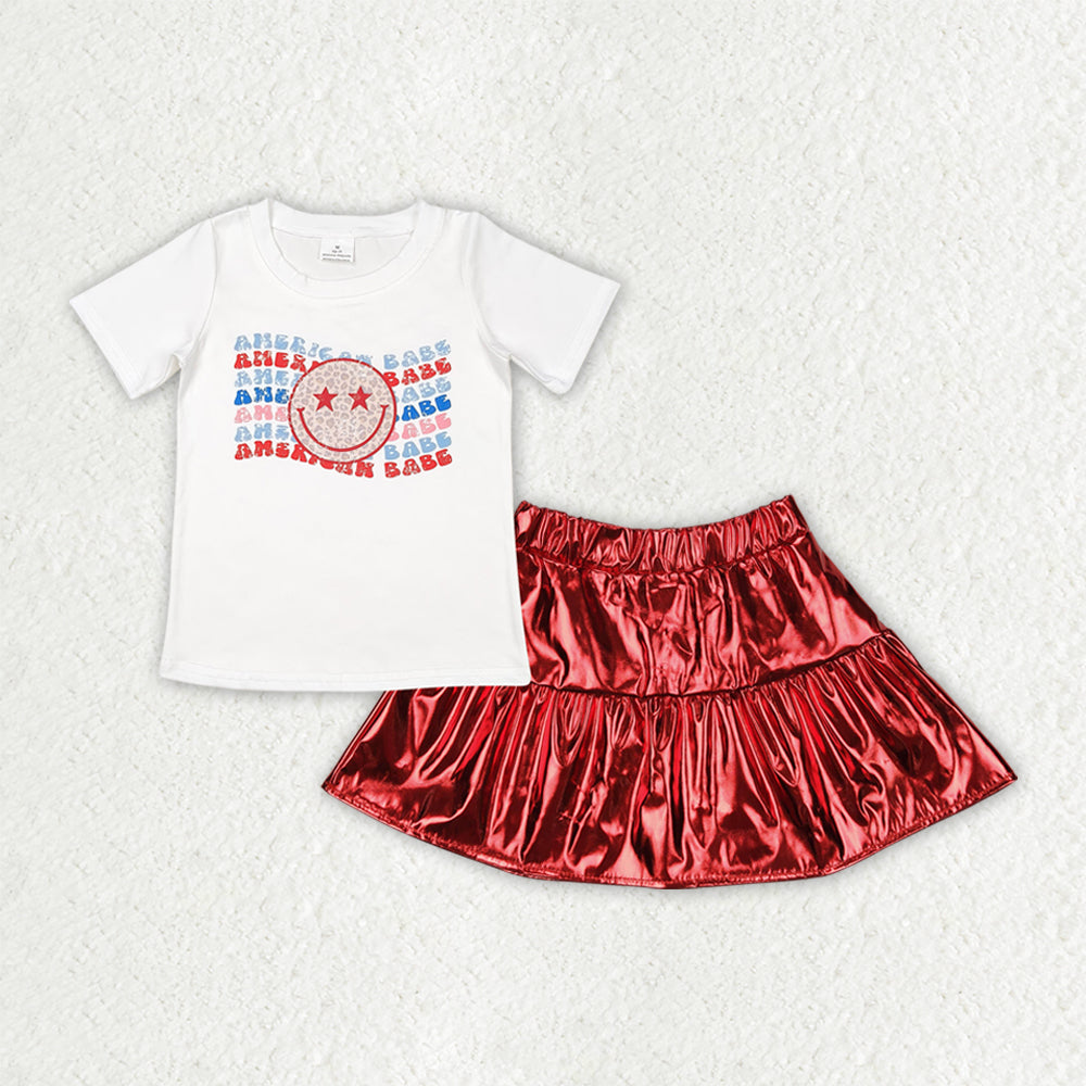 Sibling Baby Girls American Babe Smiles Shirts Top Red Leather Skirts 4th Of July Sets