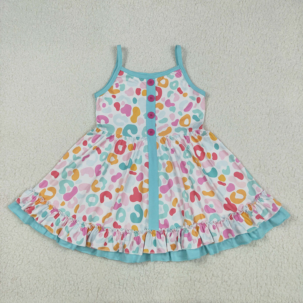 Baby Girls Blue Strap Colorful Leopard Button Knee Length Dresses