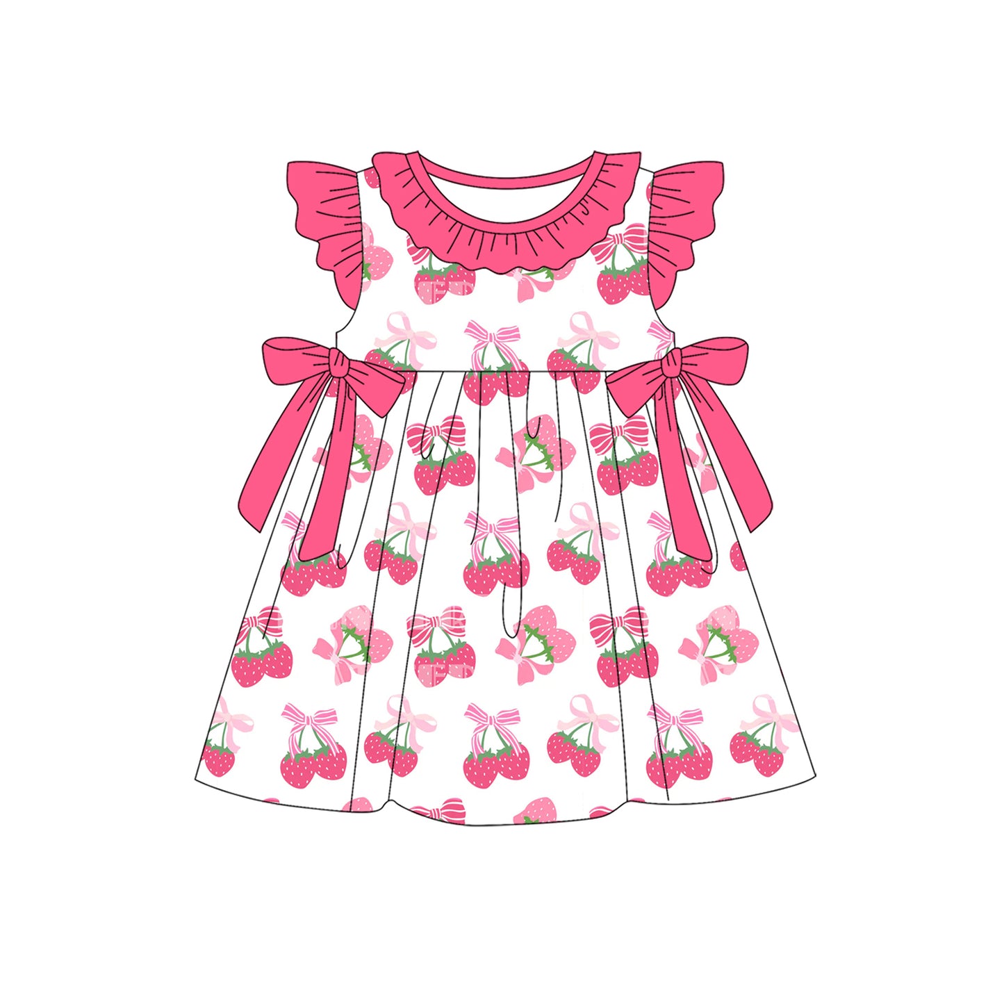 Baby Girls Pink Flutter Sleeves Bows Strawberry Knee Length Dresses Preorder