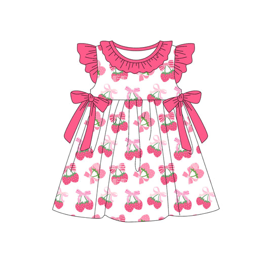 Baby Girls Pink Flutter Sleeves Bows Strawberry Knee Length Dresses Preorder