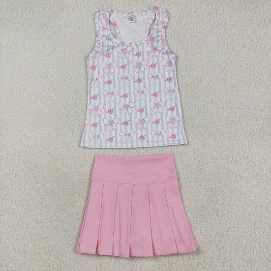 Baby Girls Sleeveless Pink Flowers Bows Top Pleated Skirts Yoga Sets