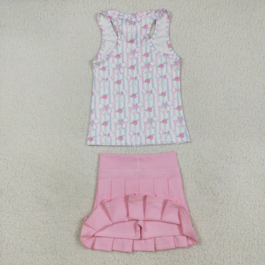 Baby Girls Sleeveless Pink Flowers Bows Top Pleated Skirts Yoga Sets