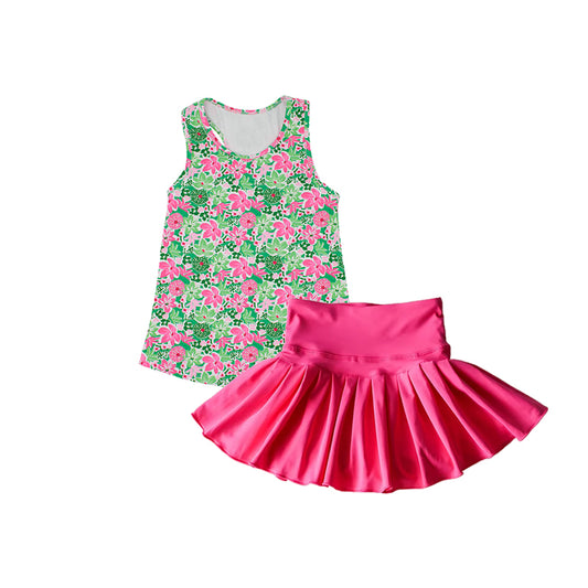 Baby Girls Sleeveless Green Pink Floral Top Skirt Yoga Set Preorder