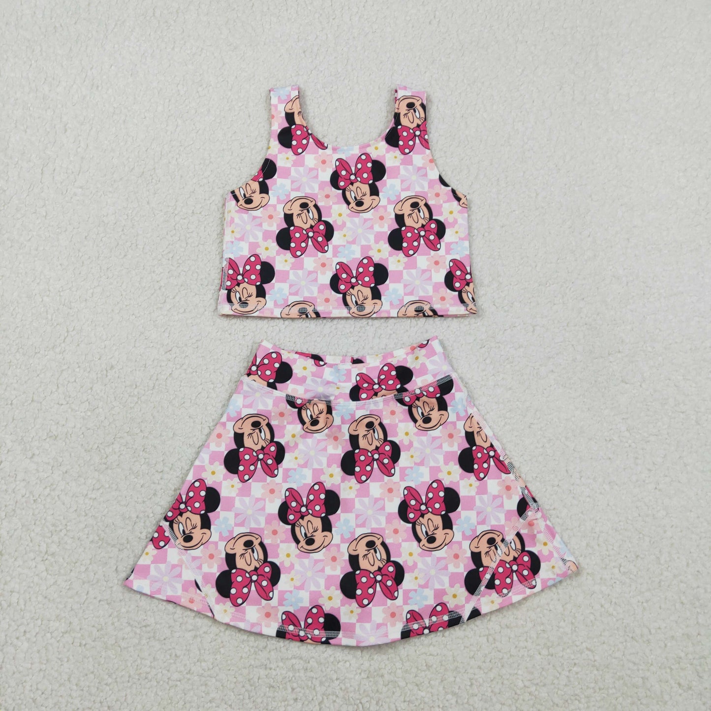 Sibling Baby Girls Sleeveless Pink Plaid Cartoon Mouse Top Skort Yoga Set Knee Length Dress