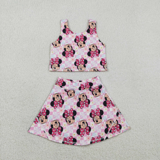Sibling Baby Girls Sleeveless Pink Plaid Cartoon Mouse Top Skort Yoga Set Knee Length Dress