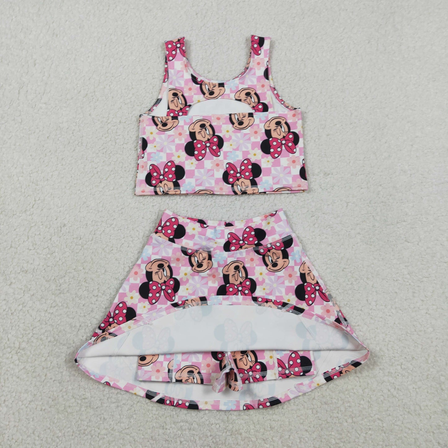 Baby Girls Sleeveless Pink Plaid Cartoon Mouse Top Skort Yoga Set