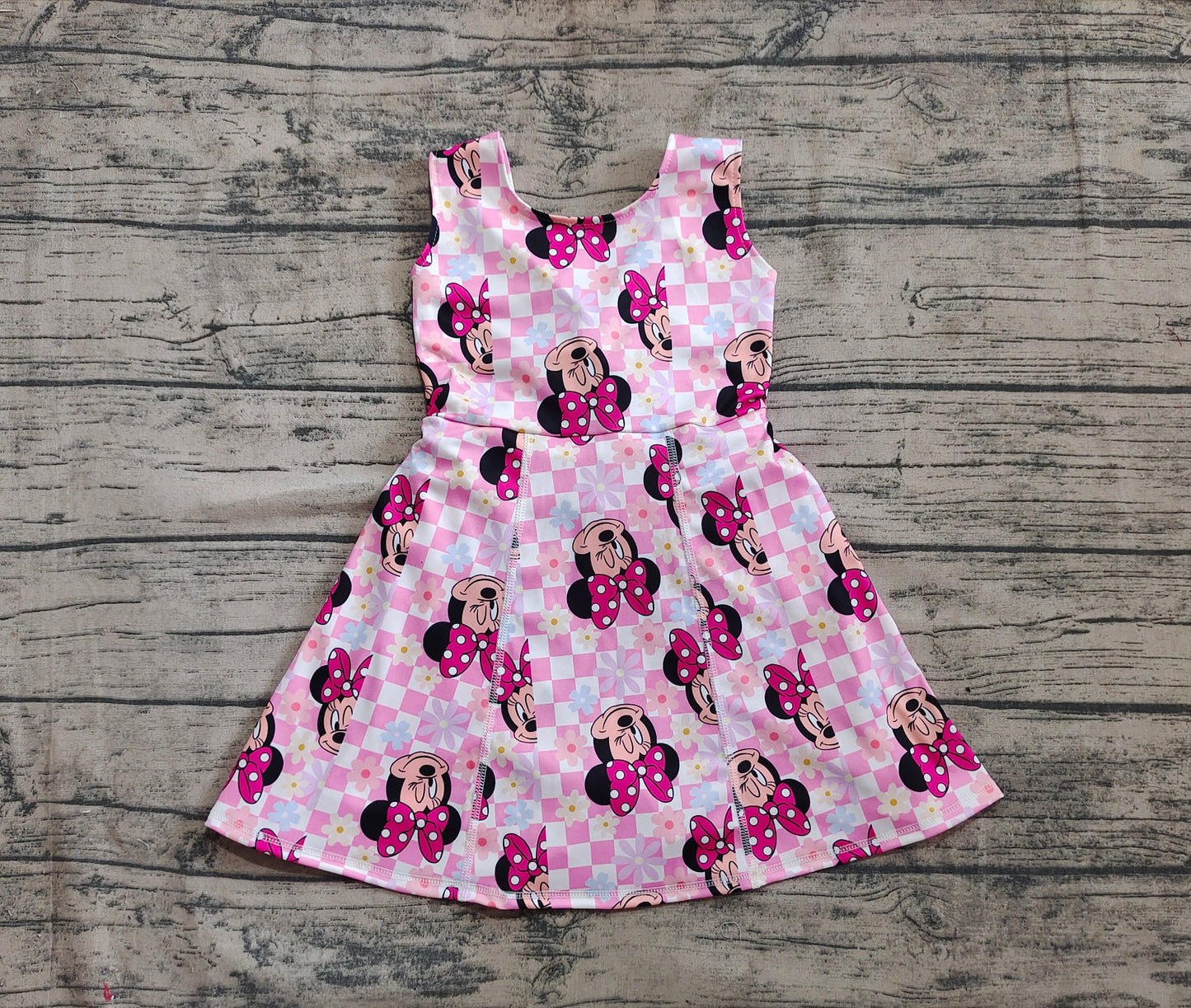 Baby Girls Pink Plaid Sleeveless Cartoon Mouse Yoga Skort Knee Length Dresses