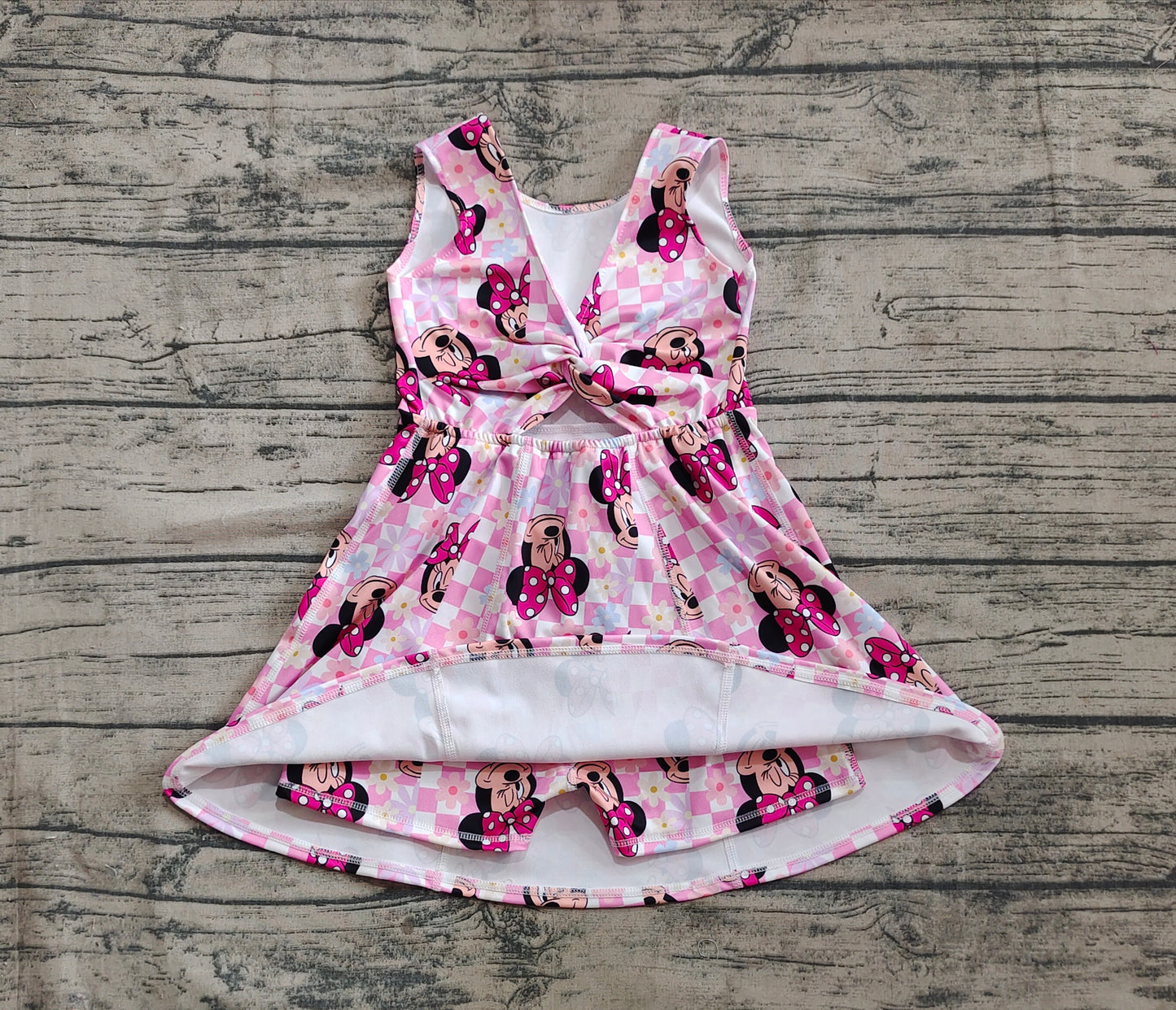 Baby Girls Pink Plaid Sleeveless Cartoon Mouse Yoga Skort Knee Length Dresses