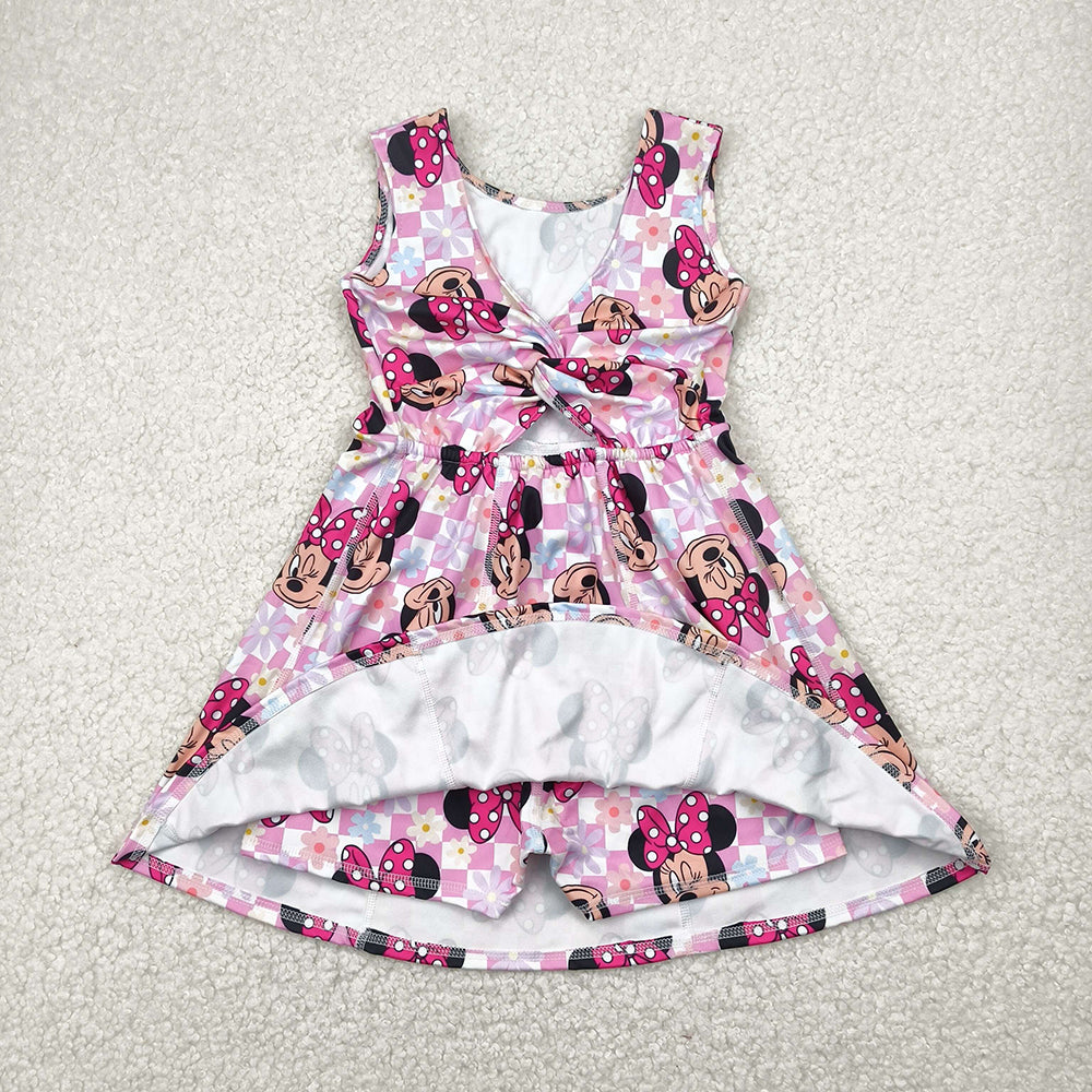 Baby Girls Pink Plaid Sleeveless Cartoon Mouse Yoga Skort Knee Length Dresses