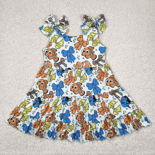 Baby Girls Strap Colorful Cartoon Fishes Bows Knee Length Dresses