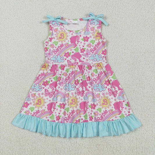 Baby Girls Strap Pink Flowers Cartoon Dolls Knee Length Dresses