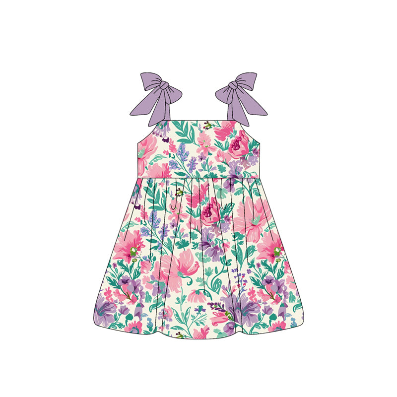 Baby Girls Bows Strap Lavender Pink Floral Knee Length Dresses Preorder