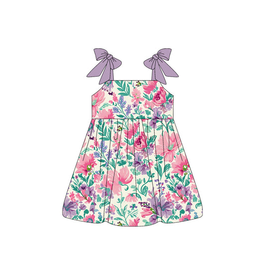 Baby Girls Bows Strap Lavender Pink Floral Knee Length Dresses Preorder