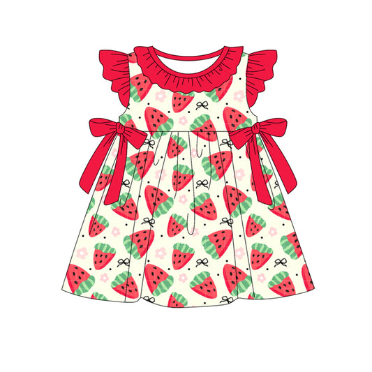 Baby Girls Red Flutter Sleeves Flowers Strawberry Knee Length Dresses Preorder