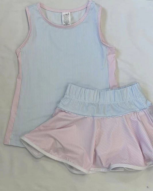 Baby Girls Sleeveless Blue Stripe Top Skort Yoga Set Preorder