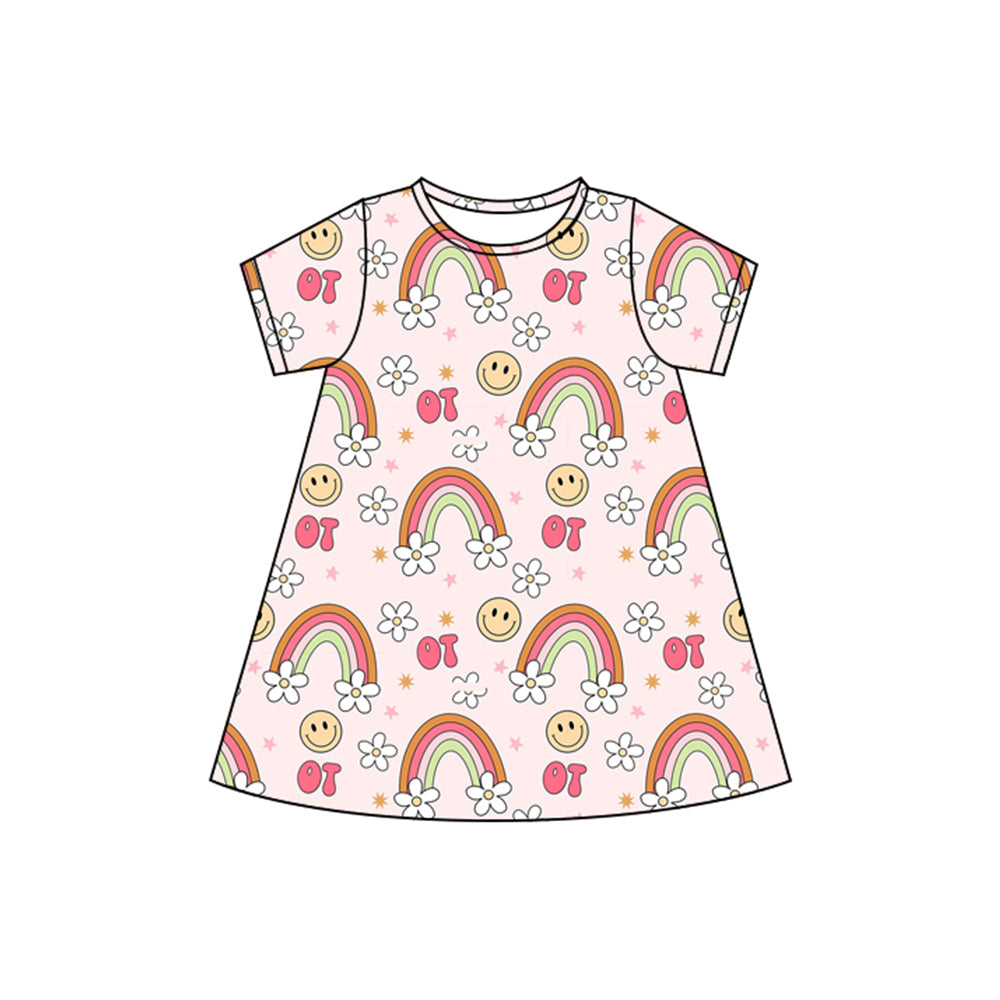 Baby Girls Pink Short Sleeves Smiles Rainbows Flowers Knee Length Dresses Preorder