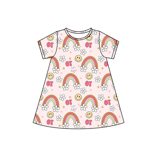 Baby Girls Pink Short Sleeves Smiles Rainbows Flowers Knee Length Dresses Preorder