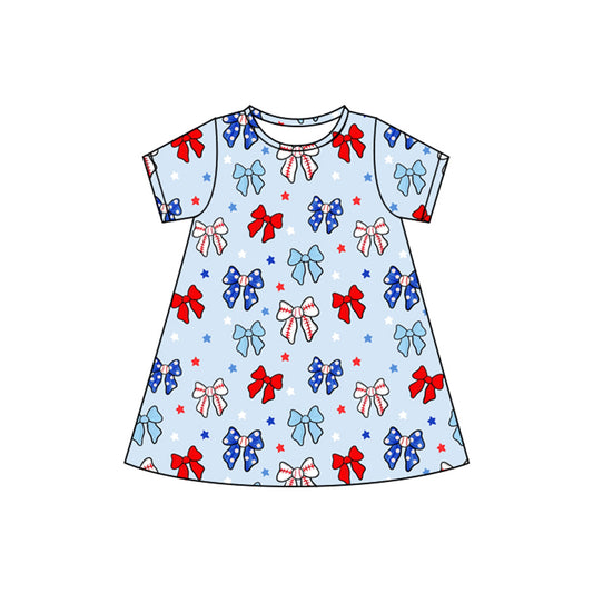 Baby Girls Short Sleeves Blue Red Bows Stars 4th Of July Knee Length Dresses Preorder