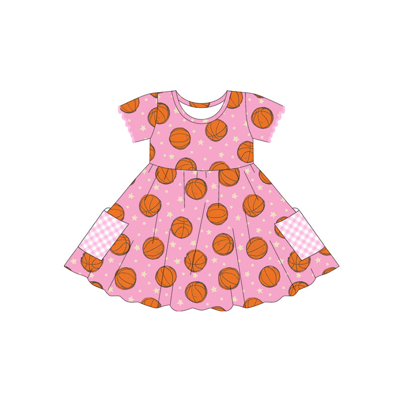 Baby Girls Pink Short Sleeves Basketballs Pockets Knee Length Dresses Preorder