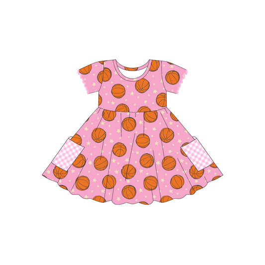 Baby Girls Pink Short Sleeves Basketballs Pockets Knee Length Dresses Preorder