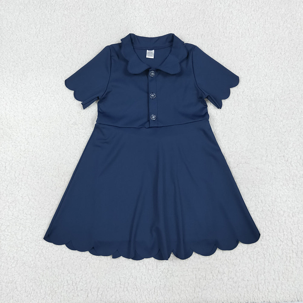 Baby Girls Navy Short Sleeves Button Yoga Knee Length Dresses
