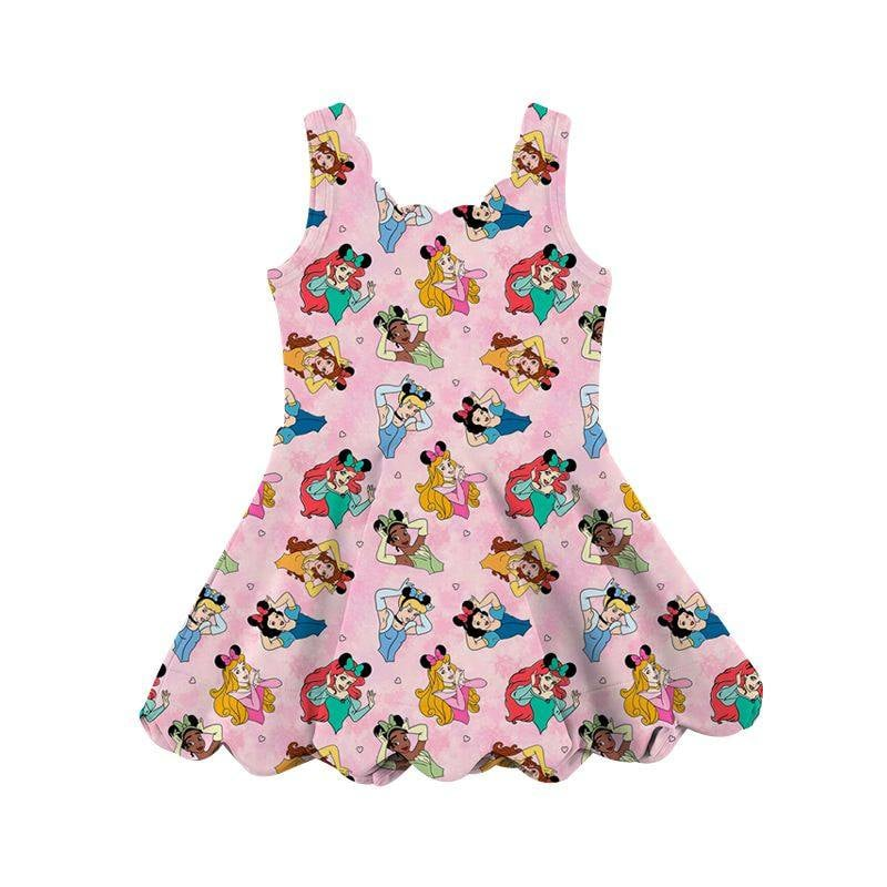 Preorder moq 5 Baby Girls Pink Sleeveless Cartoon Princess Shorts Yoga Knee Length Dresses