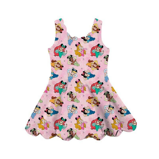Preorder moq 5 Baby Girls Pink Sleeveless Cartoon Princess Shorts Yoga Knee Length Dresses