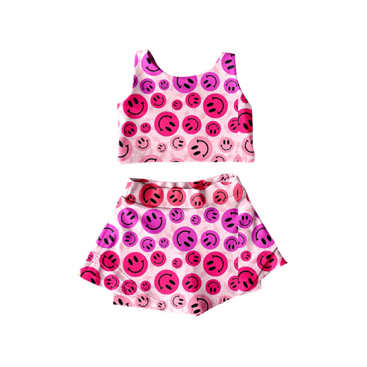 Preorder moq 5 Baby Girls Hot Pink Sleeveless Smiles Top Skorts Yoga Clothes Set