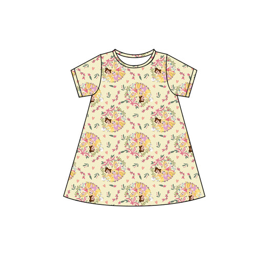 Baby Girls Yellow Short Sleeves Floral Princess Knee Length Dresses Preorder
