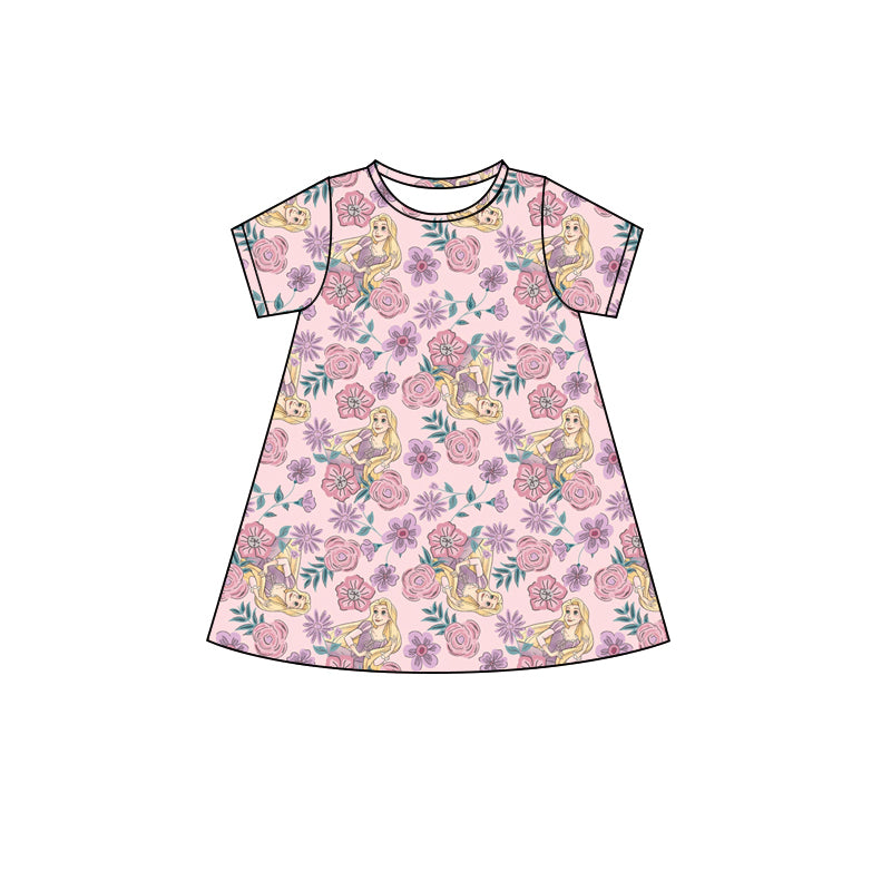 Preorder moq 5 Baby Girls Pink Short Sleeves Floral Princess Knee Length Dresses