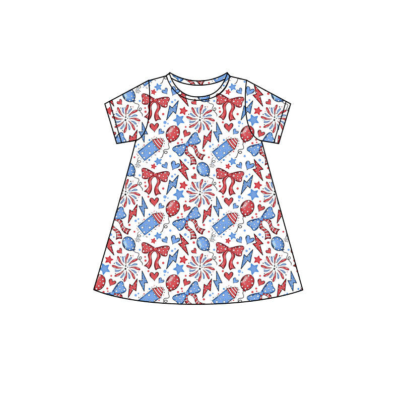 Baby Girls Short Sleeves Firework Balloons 4th Of July Knee Length Dresses Preorder
