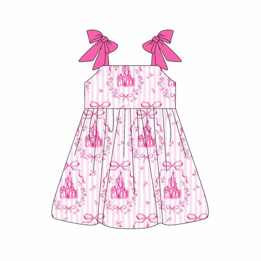 Preorder moq 5 Baby Girls Pink Strap Castles Bows Knee Length Dress