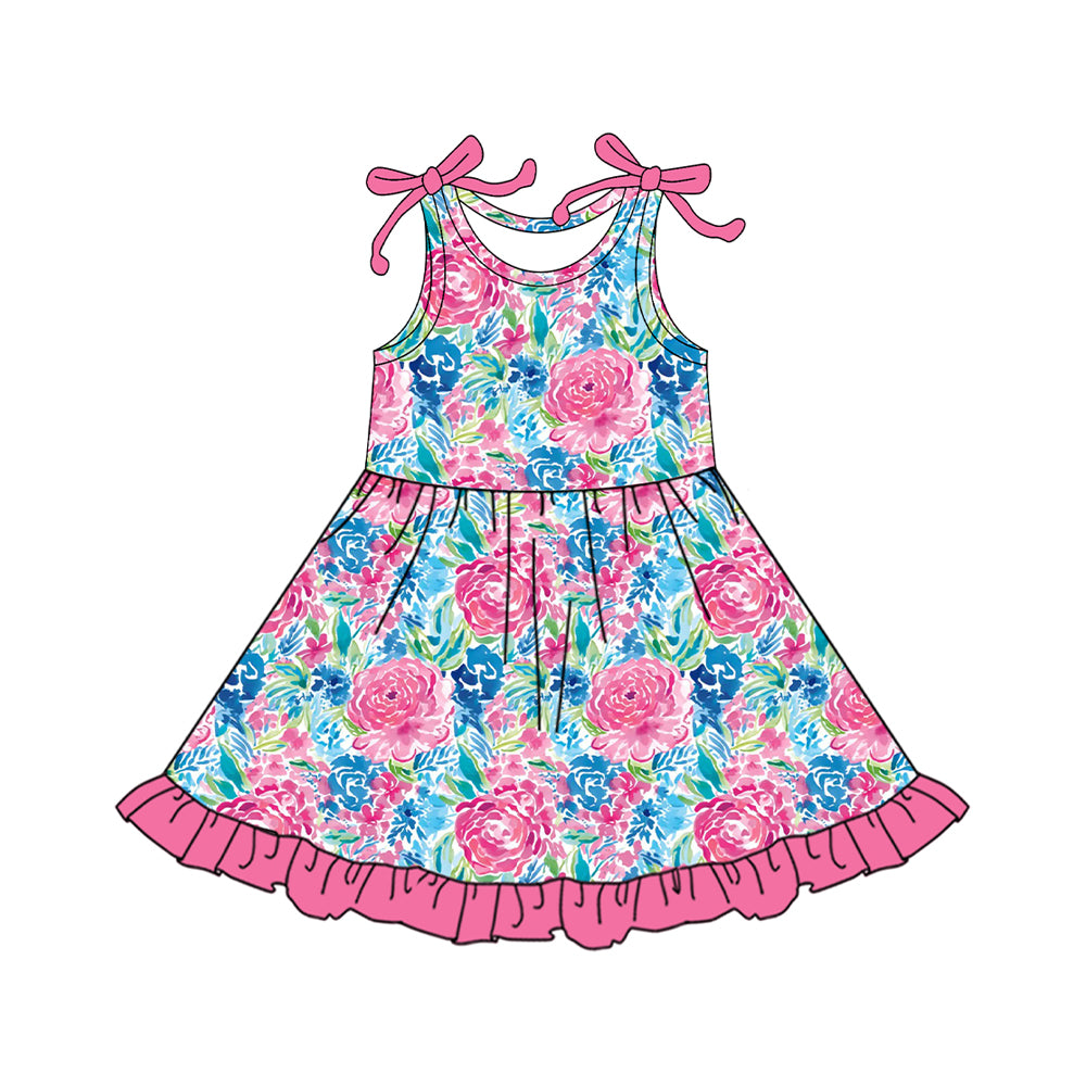 Baby Girls Sleeveless Pink Watercolor Flowers Knee Length Dress Preorder