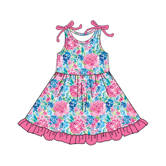 Baby Girls Sleeveless Pink Watercolor Flowers Knee Length Dress Preorder