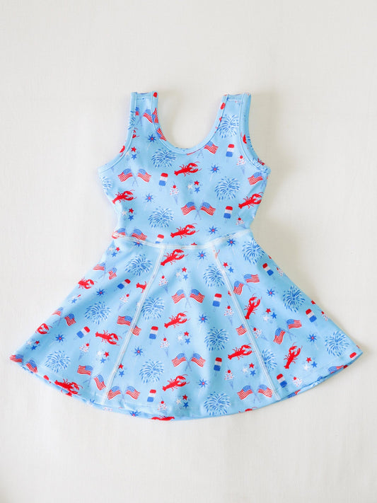 Baby Girls Sleeveless Flags Firework 4th Of July Yoga Knee Length Dresses Preorder