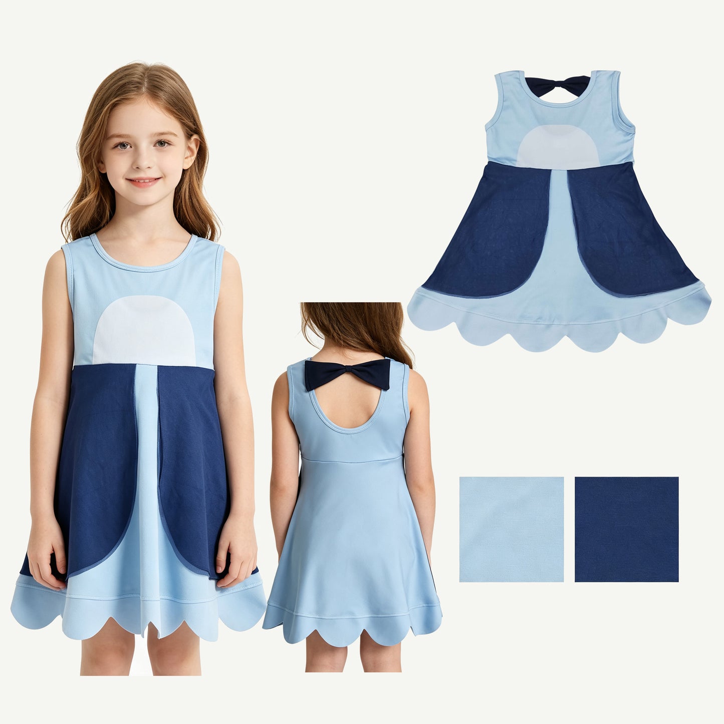 Baby Girls Sleeveless Cartoon Blue Dogs Scallop Knee Length Dress