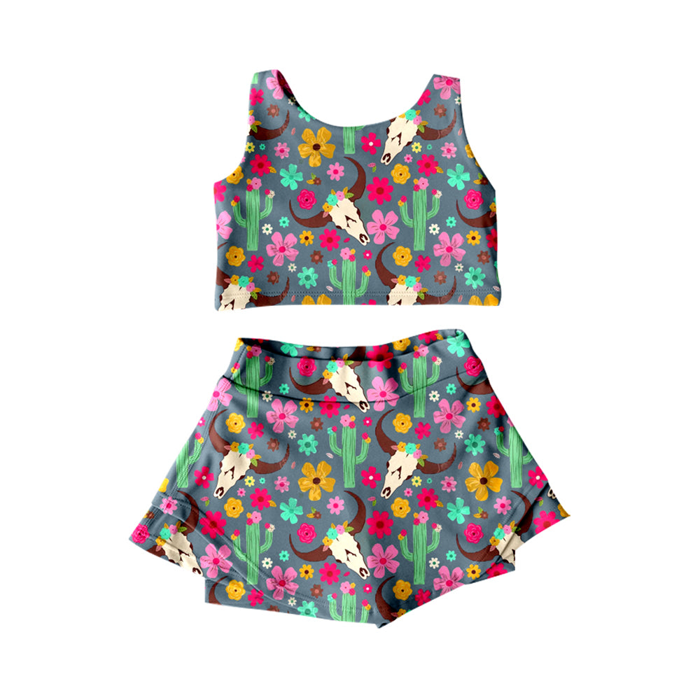 Baby Girls Sleeveless Colorful Flowers Bull Skull Top Shorts Skirts Yoga Outfits Preorder