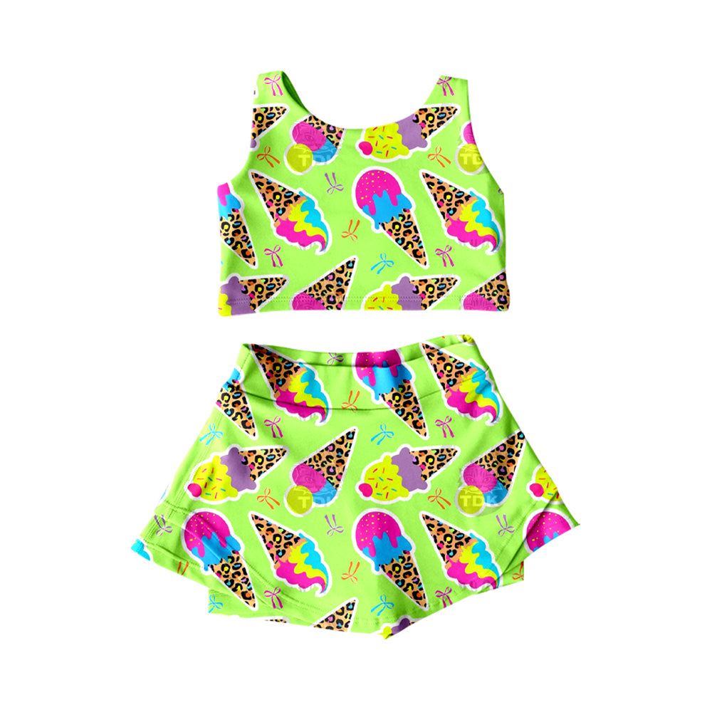 Preorder moq 5 Baby Girls Sleeveless Colorful Leopard Ice Creams Top Skorts Yoga Set