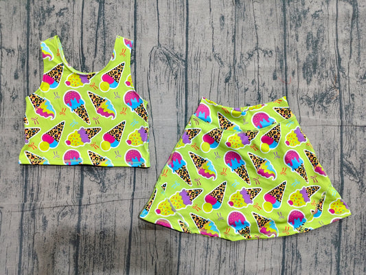 Preorder moq 5 Baby Girls Sleeveless Colorful Leopard Ice Creams Top Skorts Yoga Set