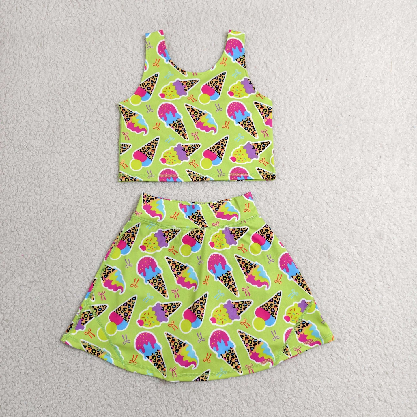 Baby Girls Colorful Leopard Ice Creams Vest Top Skirt Shorts Yoga Active Clothes Set
