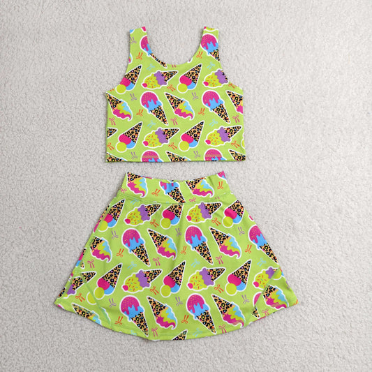 Baby Girls Colorful Leopard Ice Creams Vest Top Skirt Shorts Yoga Active Clothes Set