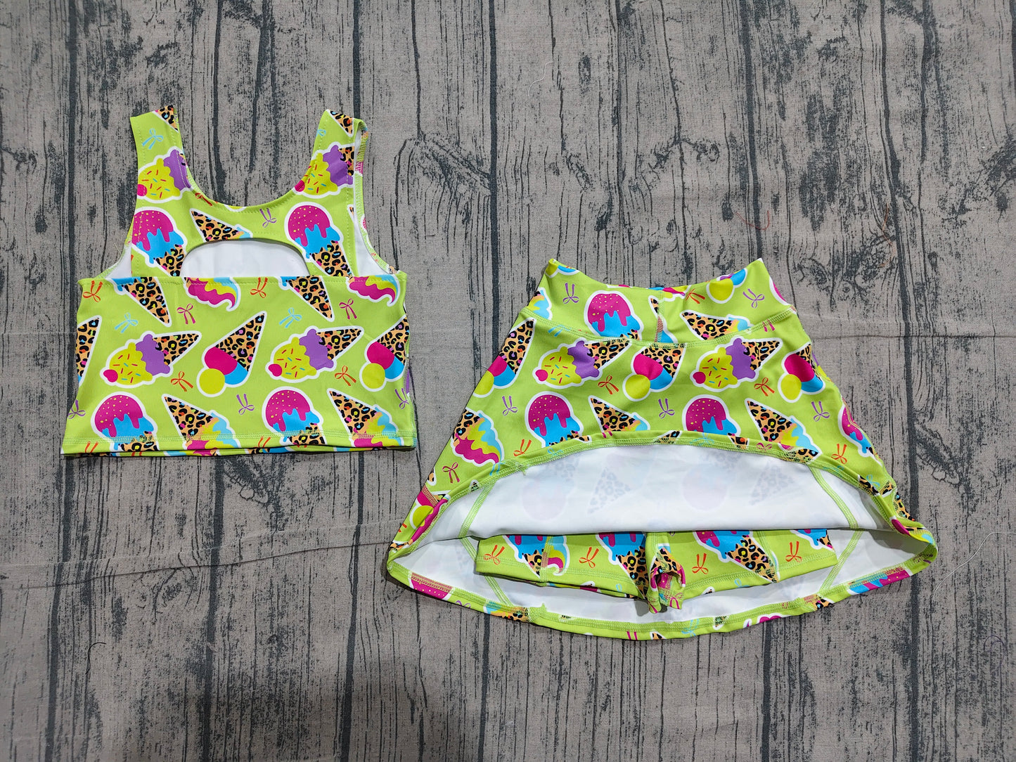 Preorder moq 5 Baby Girls Sleeveless Colorful Leopard Ice Creams Top Skorts Yoga Set