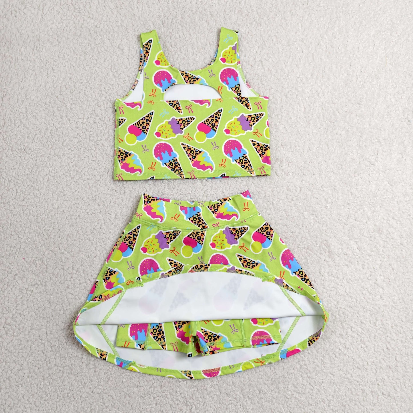 Baby Girls Colorful Leopard Ice Creams Vest Top Skirt Shorts Yoga Active Clothes Set