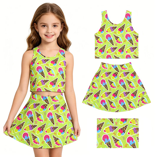Baby Girls Colorful Leopard Ice Creams Vest Top Skirt Shorts Yoga Active Clothes Set