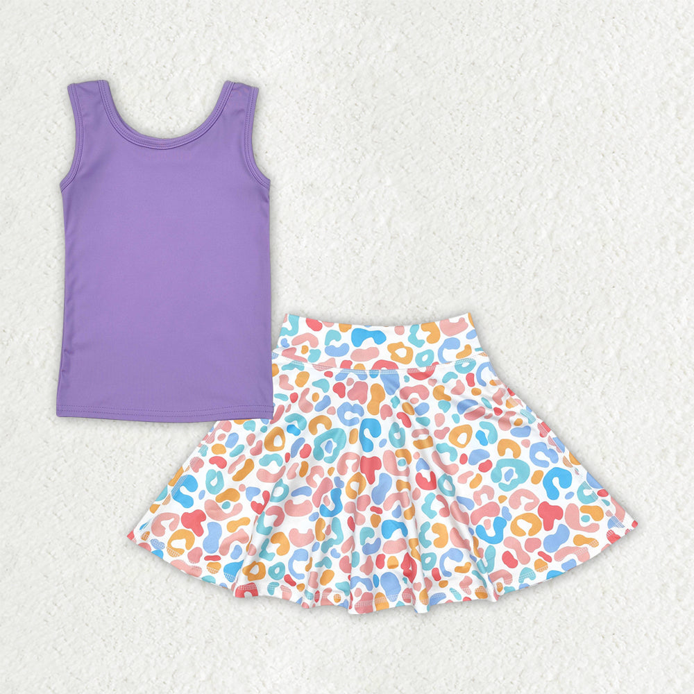 Baby Girls Purple Sleeveless Yoga Vests Top Colorful Leopard Skorts Sets