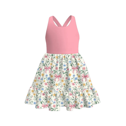 Baby Girls Pink Sleeveless Bows Floral Knee Length Dress Preorder