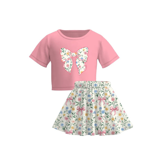 Baby Girls Pink Short Sleeves Floral Bow Top Skorts Set Preorder