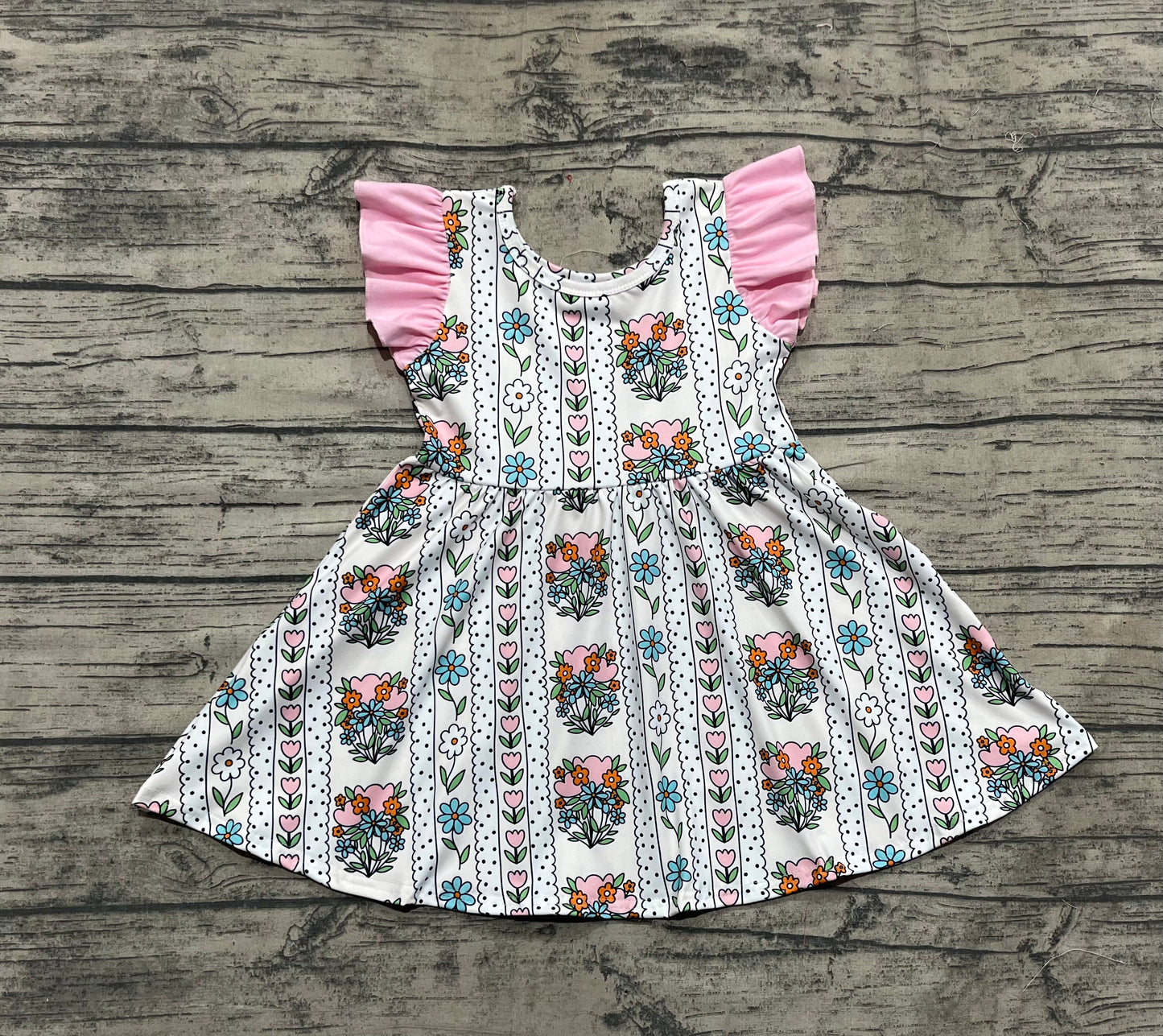 Baby Girls Pink Flutter Sleeves Floral Stripe Knee Length Dresses