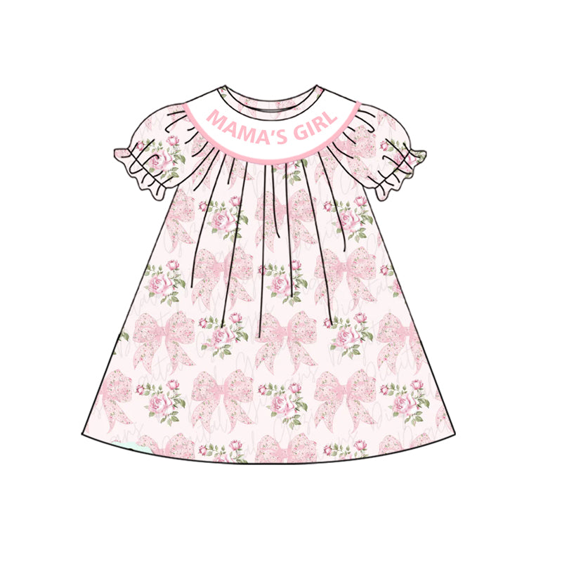 Baby Girls Pink Sort Ruffle Sleeves Mama's Girl Bows Flowers Knee Length Dress Preorder